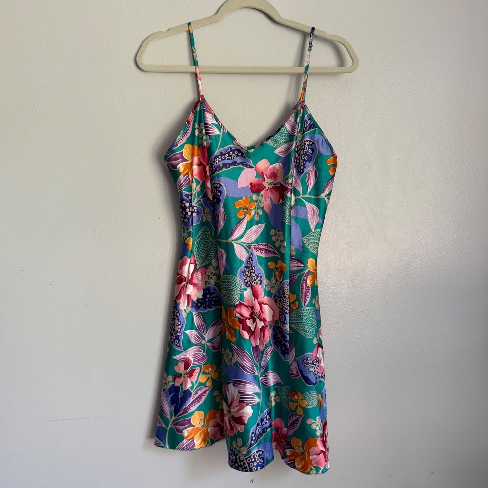 Vintage California Dynasty Floral Satin Slip Dress Chemise Nightgown S Mini